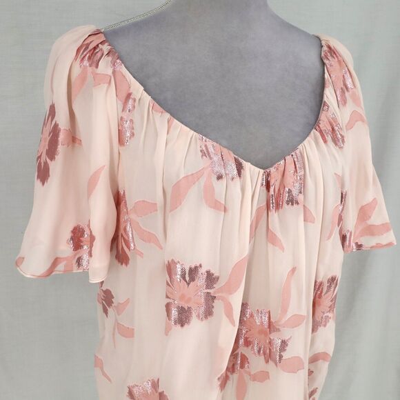 Rebecca Taylor Top Womens XL Pink Metallic Floral Blouse Silk Blend Lined New - Picture 7 of 13